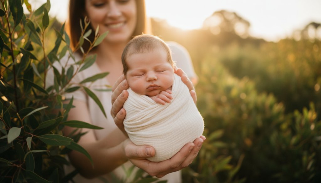 A heartwarming and serene outdoor image of cherished Botanic Ridge newborn photography, featuring a peacefully sleeping baby swaddled in soft fabrics, cradled gently in a parent's hands, with the golden hour sunlight filtering through lush greenery in the background, creating a halo effect around the child, emphasising love and new beginnings, professional studio quality lighting.