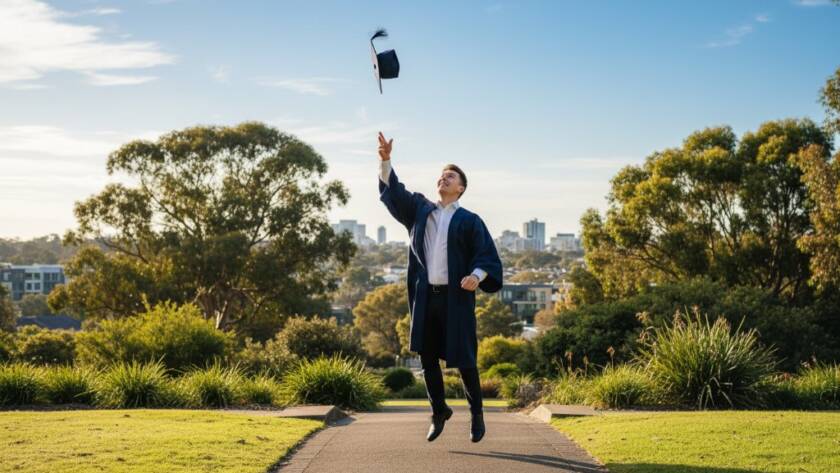A jubilant graduate in cap and gown, framed against a beautifully lit Box Hill North parkland, holding their degree triumphantly as golden hour sunlight streams through trees, capturing cherished Box Hill North graduation portraits Victoria.