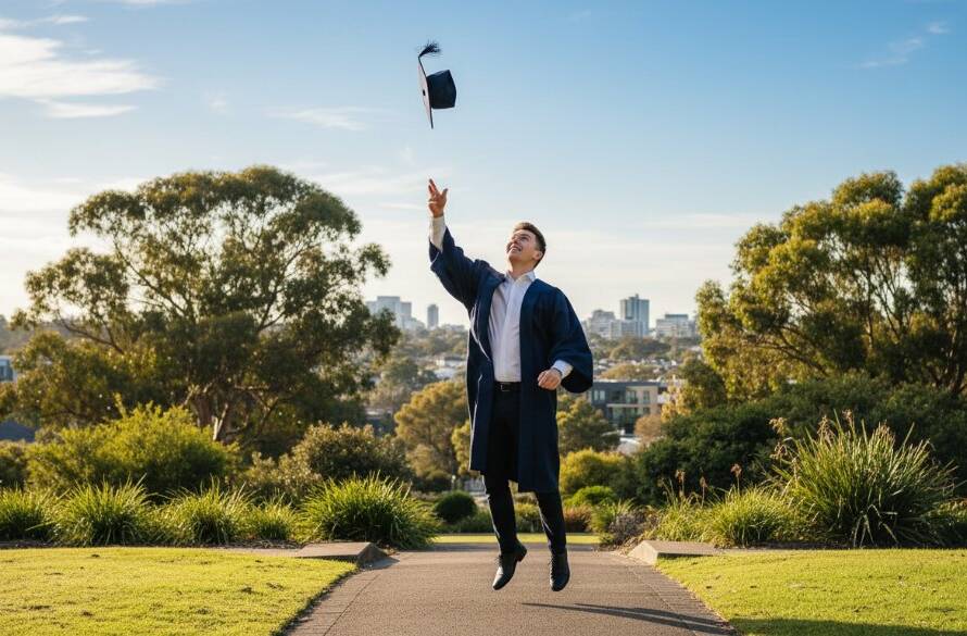 A jubilant graduate in cap and gown, framed against a beautifully lit Box Hill North parkland, holding their degree triumphantly as golden hour sunlight streams through trees, capturing cherished Box Hill North graduation portraits Victoria.