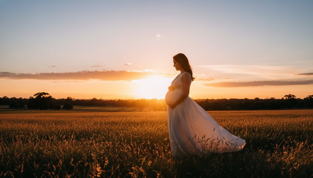 A breathtaking panoramic shot from a cherished Braeside maternity photography session, featuring an expectant mother silhouetted against a golden sunset over Braeside Park, her pregnant belly gently illuminated, capturing her radiant glow in an epic moment.