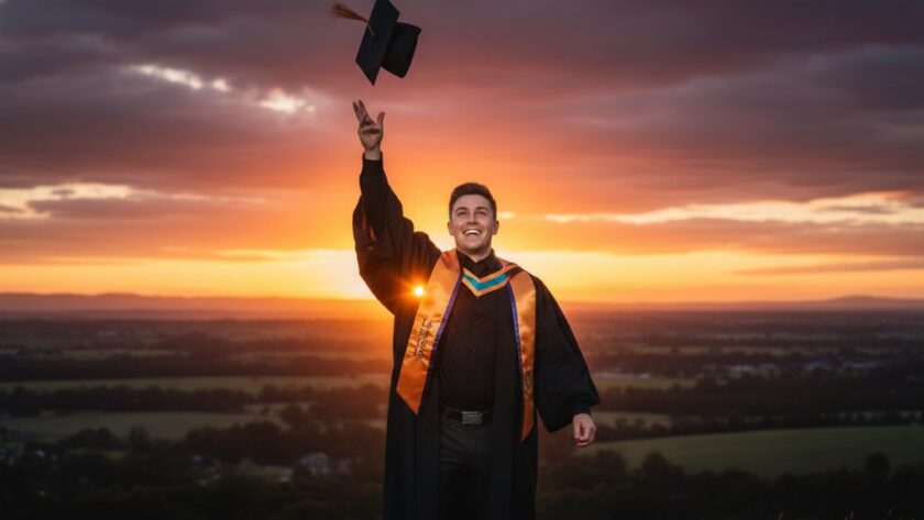 A jubilant graduate, cap thrown high against a dramatic Brown Hill sunset, celebrating their Cherished Brown Hill Graduation Photography Experiences with an epic, professionally color-graded photograph.