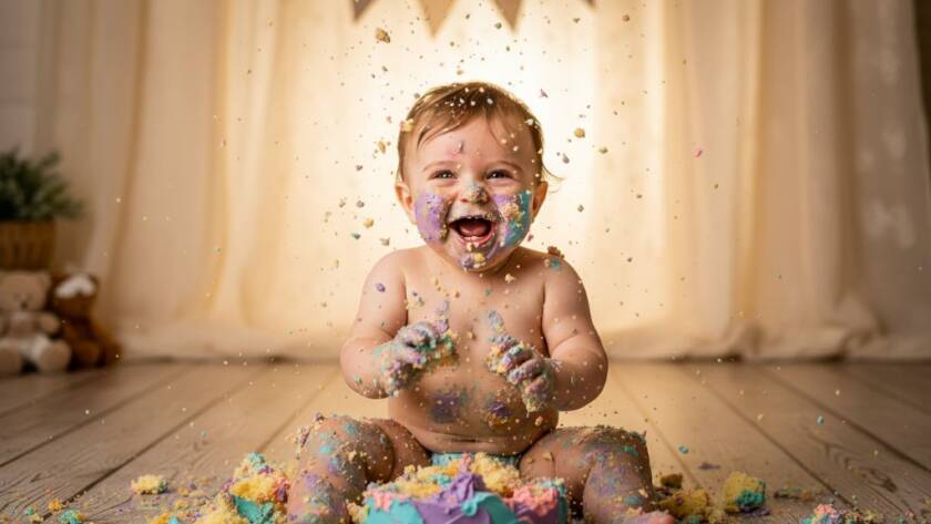 An epic moment captured during cherished cake smash photography West Footscray session, a joyous baby covered in cake, laughing with frosting on their face, dramatic cinematic lighting highlighting their expression against a softly blurred, rustic West Footscray inspired backdrop, evoking pure, uninhibited happiness and celebration.