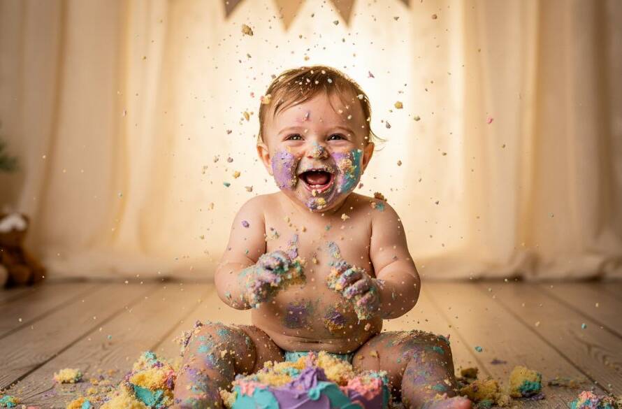 An epic moment captured during cherished cake smash photography West Footscray session, a joyous baby covered in cake, laughing with frosting on their face, dramatic cinematic lighting highlighting their expression against a softly blurred, rustic West Footscray inspired backdrop, evoking pure, uninhibited happiness and celebration.