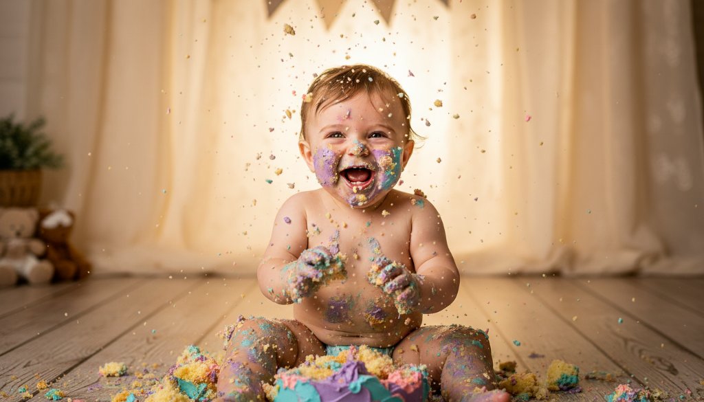An epic moment captured during cherished cake smash photography West Footscray session, a joyous baby covered in cake, laughing with frosting on their face, dramatic cinematic lighting highlighting their expression against a softly blurred, rustic West Footscray inspired backdrop, evoking pure, uninhibited happiness and celebration.