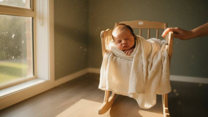 An ethereal and cherished candid newborn photography Wantirna Victoria image, showing a peacefully sleeping baby, swaddled in soft organic fabric, cradled by a parent's hands, bathed in dramatic, golden natural light filtering through a window, set in a cozy Wantirna home nursery, capturing a moment of pure serenity and love.