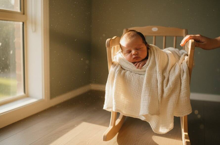 An ethereal and cherished candid newborn photography Wantirna Victoria image, showing a peacefully sleeping baby, swaddled in soft organic fabric, cradled by a parent's hands, bathed in dramatic, golden natural light filtering through a window, set in a cozy Wantirna home nursery, capturing a moment of pure serenity and love.