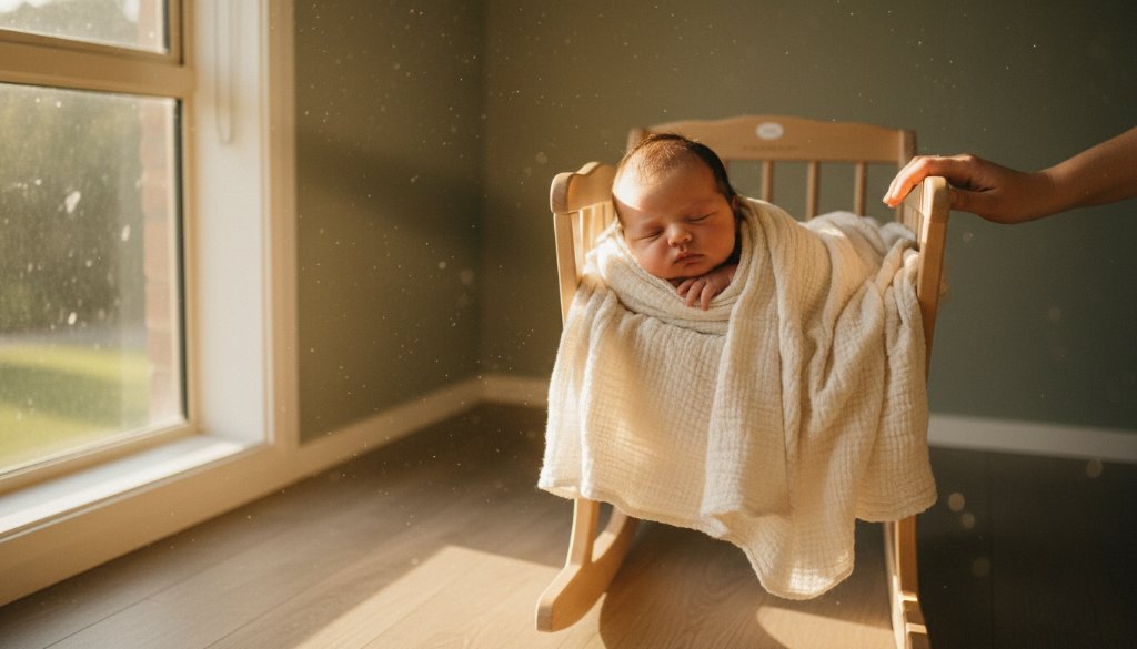 An ethereal and cherished candid newborn photography Wantirna Victoria image, showing a peacefully sleeping baby, swaddled in soft organic fabric, cradled by a parent's hands, bathed in dramatic, golden natural light filtering through a window, set in a cozy Wantirna home nursery, capturing a moment of pure serenity and love.