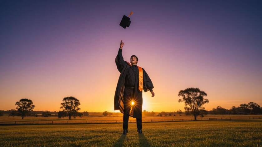 An inspiring wide-angle shot capturing cherished Cranbourne South graduation photography memories, with a beaming graduate tossing their cap high against a dramatic Cranbourne South sky at sunset, silhouetted slightly for an epic, triumphant moment.