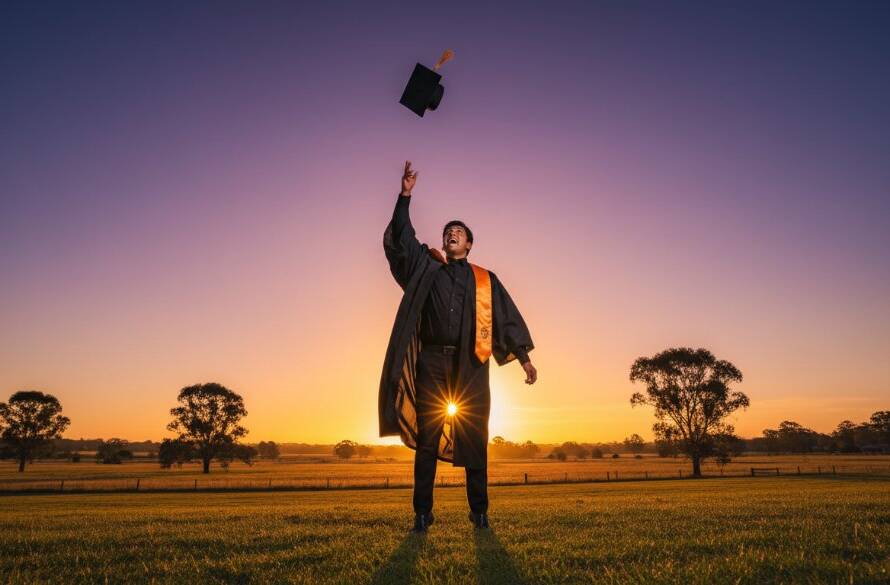 An inspiring wide-angle shot capturing cherished Cranbourne South graduation photography memories, with a beaming graduate tossing their cap high against a dramatic Cranbourne South sky at sunset, silhouetted slightly for an epic, triumphant moment.
