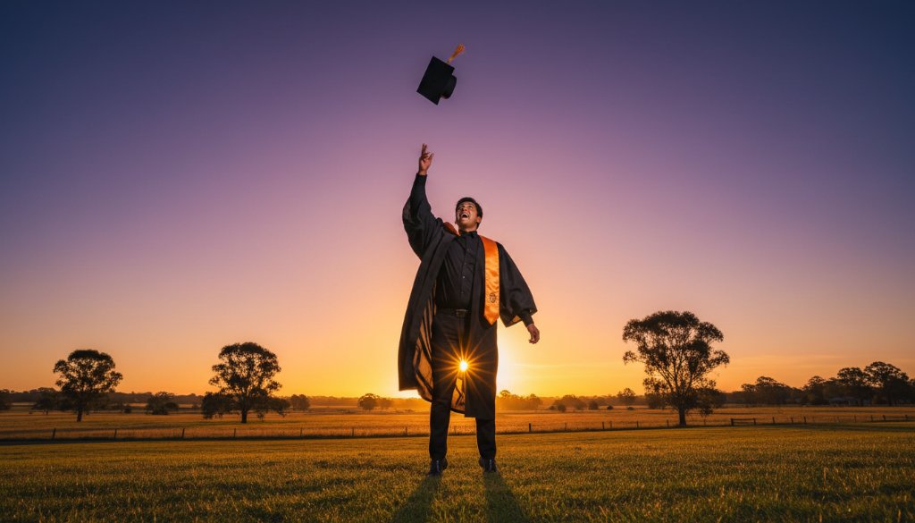An inspiring wide-angle shot capturing cherished Cranbourne South graduation photography memories, with a beaming graduate tossing their cap high against a dramatic Cranbourne South sky at sunset, silhouetted slightly for an epic, triumphant moment.