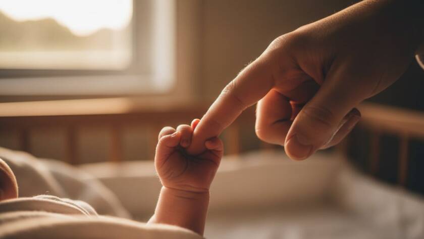 A serene and emotionally resonant 'epic moment' photograph capturing a newborn baby nestled gently in a parent's arms, bathed in soft, natural light filtering through a window in a Deepdene home. This cherished Deepdene newborn photoshoots Victoria image highlights the tender bond, with dramatic lighting creating a beautiful silhouette and emphasis on the baby's delicate features, professionally colour-graded for a timeless feel.