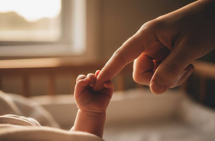 A serene and emotionally resonant 'epic moment' photograph capturing a newborn baby nestled gently in a parent's arms, bathed in soft, natural light filtering through a window in a Deepdene home. This cherished Deepdene newborn photoshoots Victoria image highlights the tender bond, with dramatic lighting creating a beautiful silhouette and emphasis on the baby's delicate features, professionally colour-graded for a timeless feel.