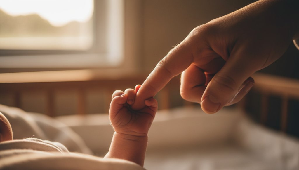 A serene and emotionally resonant 'epic moment' photograph capturing a newborn baby nestled gently in a parent's arms, bathed in soft, natural light filtering through a window in a Deepdene home. This cherished Deepdene newborn photoshoots Victoria image highlights the tender bond, with dramatic lighting creating a beautiful silhouette and emphasis on the baby's delicate features, professionally colour-graded for a timeless feel.