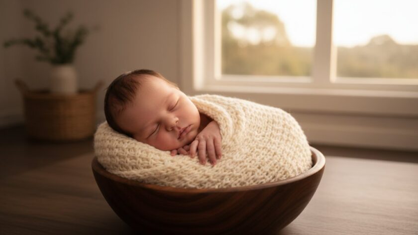 A stunning, low-angle shot of a newborn baby swaddled in soft grey, nestled in a rustic wooden basket, illuminated by a warm, golden sunlight filtering through a sheer window in a Highton studio, capturing cherished Highton baby photography capturing tiny milestones with a dreamy, serene atmosphere.