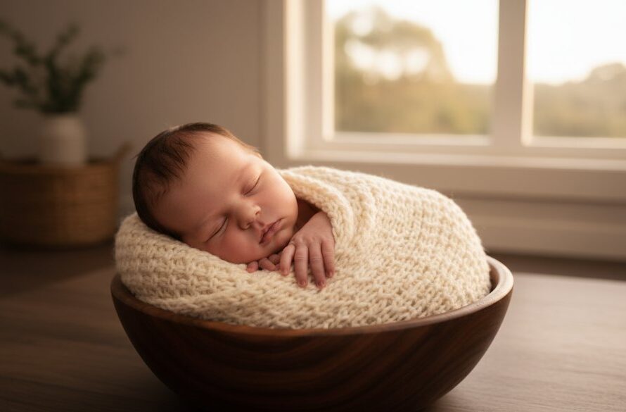 A stunning, low-angle shot of a newborn baby swaddled in soft grey, nestled in a rustic wooden basket, illuminated by a warm, golden sunlight filtering through a sheer window in a Highton studio, capturing cherished Highton baby photography capturing tiny milestones with a dreamy, serene atmosphere.