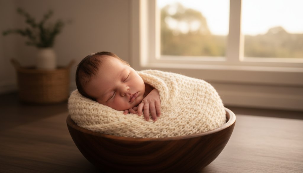 A stunning, low-angle shot of a newborn baby swaddled in soft grey, nestled in a rustic wooden basket, illuminated by a warm, golden sunlight filtering through a sheer window in a Highton studio, capturing cherished Highton baby photography capturing tiny milestones with a dreamy, serene atmosphere.