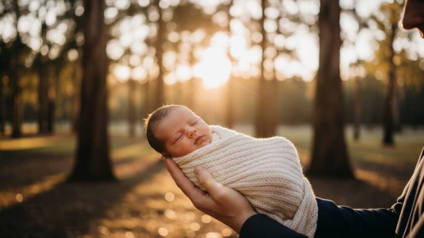 A heartwarming, epic moment captured: a newborn baby in a soft wrap, gently nestled in a parent's hands, bathed in golden hour light filtering through tall eucalyptus trees at Lysterfield Lake Park, symbolising 'Cherished Lysterfield Newborn Photography Victoria'.