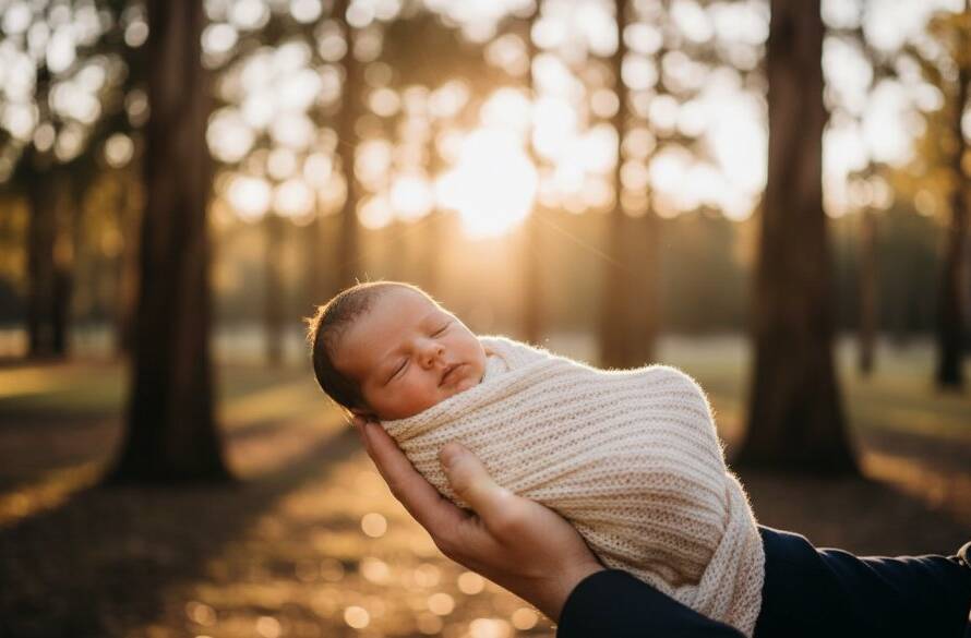 A heartwarming, epic moment captured: a newborn baby in a soft wrap, gently nestled in a parent's hands, bathed in golden hour light filtering through tall eucalyptus trees at Lysterfield Lake Park, symbolising 'Cherished Lysterfield Newborn Photography Victoria'.