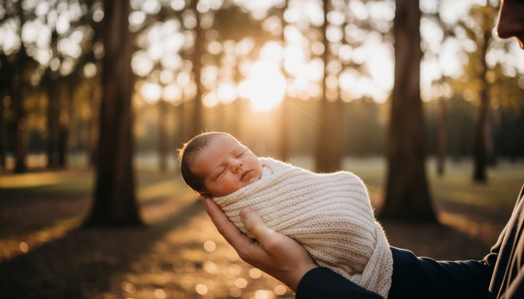 A heartwarming, epic moment captured: a newborn baby in a soft wrap, gently nestled in a parent's hands, bathed in golden hour light filtering through tall eucalyptus trees at Lysterfield Lake Park, symbolising 'Cherished Lysterfield Newborn Photography Victoria'.