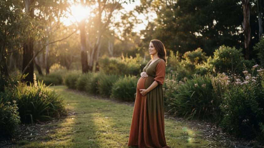 Epic moment style photograph of an expectant mother glowing amidst the lush, golden-hour bushland of Croydon Hills, Victoria, Australia, showcasing the serene beauty of a cherished maternity photoshoot Croydon Hills nature scene.