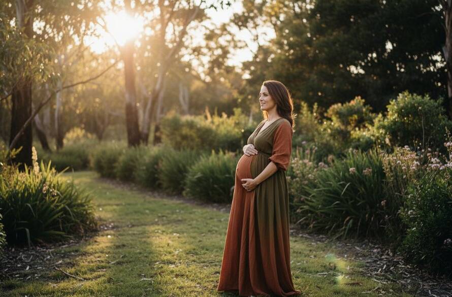 Epic moment style photograph of an expectant mother glowing amidst the lush, golden-hour bushland of Croydon Hills, Victoria, Australia, showcasing the serene beauty of a cherished maternity photoshoot Croydon Hills nature scene.