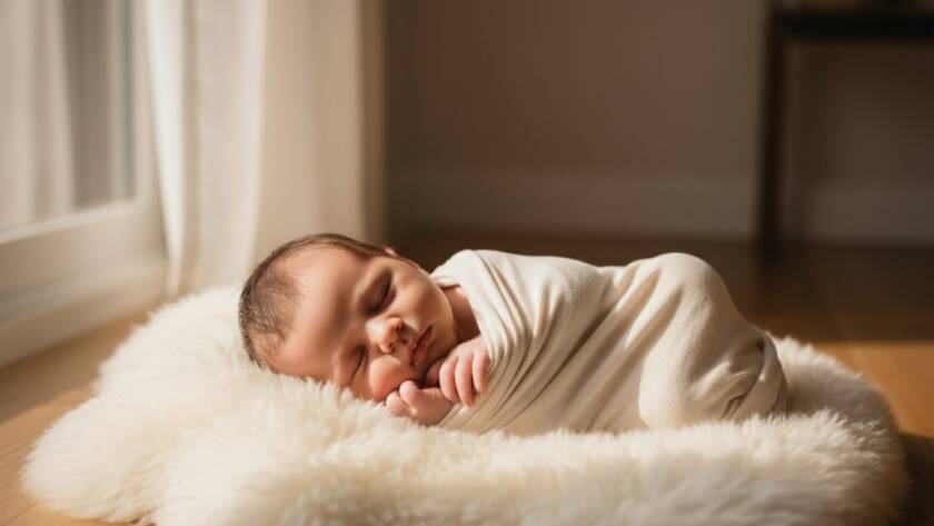 A heartwarming, professionally composed photograph showcasing a sleeping newborn nestled amongst soft wraps, bathed in ethereal light, representing cherished Mount Waverley newborn photography sessions, with parents' hands gently cradling, captured with cinematic flair.