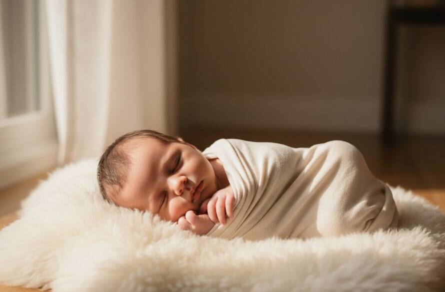 A heartwarming, professionally composed photograph showcasing a sleeping newborn nestled amongst soft wraps, bathed in ethereal light, representing cherished Mount Waverley newborn photography sessions, with parents' hands gently cradling, captured with cinematic flair.
