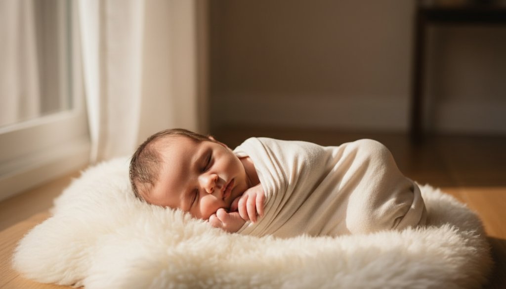 A heartwarming, professionally composed photograph showcasing a sleeping newborn nestled amongst soft wraps, bathed in ethereal light, representing cherished Mount Waverley newborn photography sessions, with parents' hands gently cradling, captured with cinematic flair.