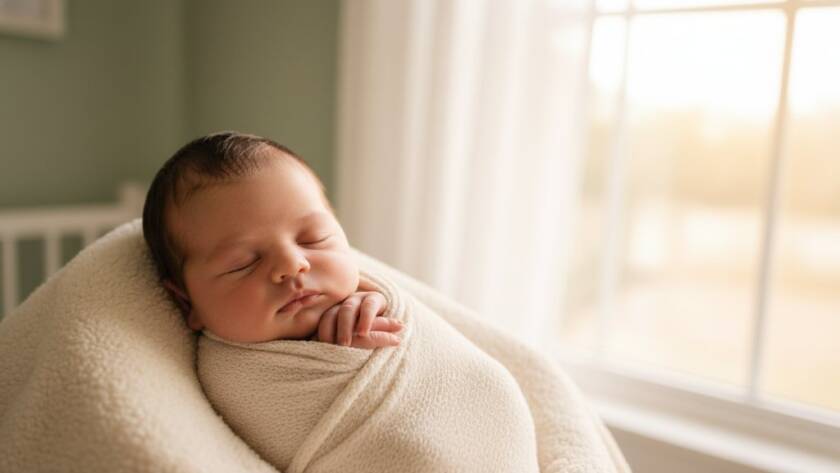 A professional, cinematic portrait capturing a serene baby sleeping peacefully in a soft, ethereal wrap, bathed in gentle, warm window light, depicting cherished newborn photography Balwyn North homes.