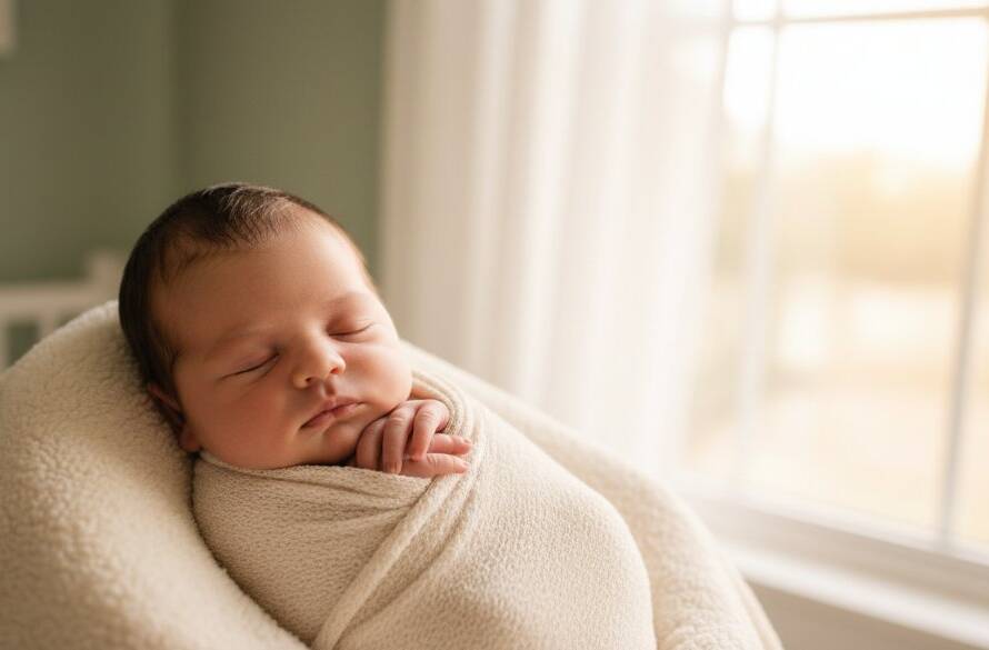 A professional, cinematic portrait capturing a serene baby sleeping peacefully in a soft, ethereal wrap, bathed in gentle, warm window light, depicting cherished newborn photography Balwyn North homes.