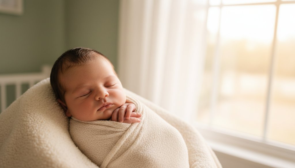 A professional, cinematic portrait capturing a serene baby sleeping peacefully in a soft, ethereal wrap, bathed in gentle, warm window light, depicting cherished newborn photography Balwyn North homes.