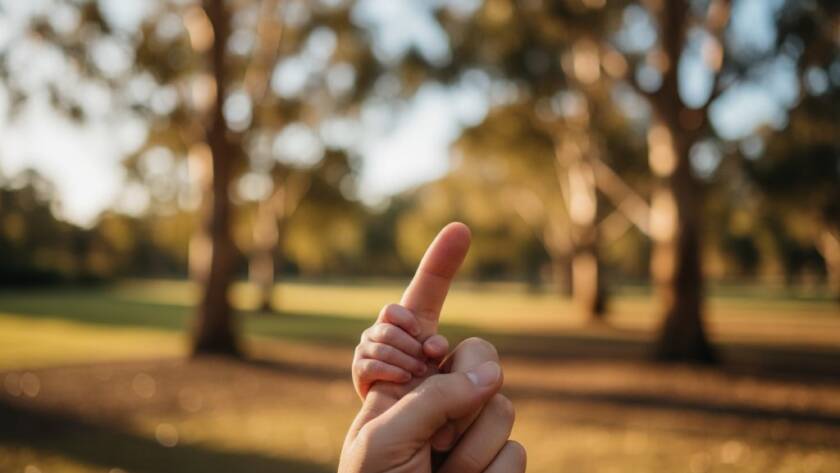 A serene, cinematic close-up of a newborn baby's tiny hand gently grasping a parent's finger, bathed in soft golden hour light filtering through eucalyptus trees in a Box Hill South park, highlighting the tender bond, captured by cherished newborn photography Box Hill South Victoria.