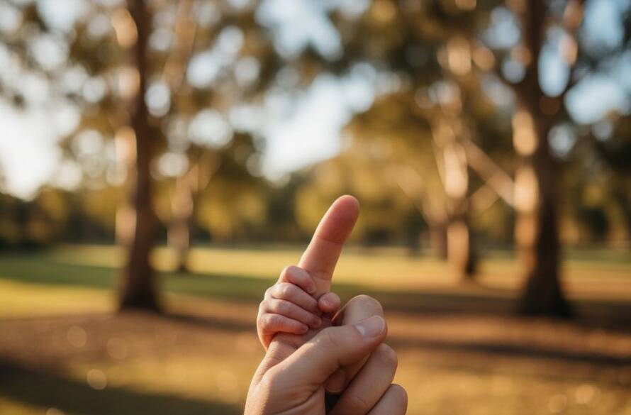 A serene, cinematic close-up of a newborn baby's tiny hand gently grasping a parent's finger, bathed in soft golden hour light filtering through eucalyptus trees in a Box Hill South park, highlighting the tender bond, captured by cherished newborn photography Box Hill South Victoria.