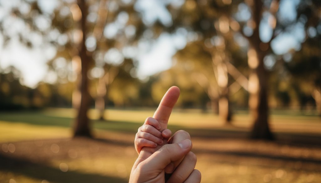 A serene, cinematic close-up of a newborn baby's tiny hand gently grasping a parent's finger, bathed in soft golden hour light filtering through eucalyptus trees in a Box Hill South park, highlighting the tender bond, captured by cherished newborn photography Box Hill South Victoria.