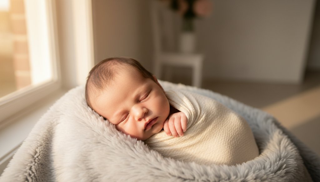 A serene and emotionally charged photograph capturing cherished newborn photography Brighton East Victoria, featuring a tiny baby nestled safely in a parent's gentle hands, bathed in soft, ethereal light streaming through a window, creating a timeless and intimate portrait.