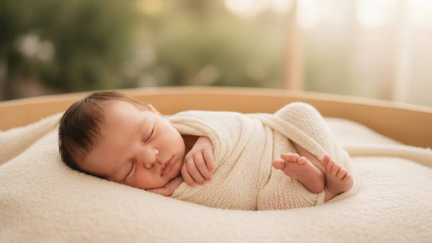 A heartwarming, professional photograph of a newborn baby gently swaddled, sleeping peacefully in a soft, natural setting, with warm, golden light illuminating their delicate features, capturing a truly cherished newborn photography Caroline Springs Victoria moment.