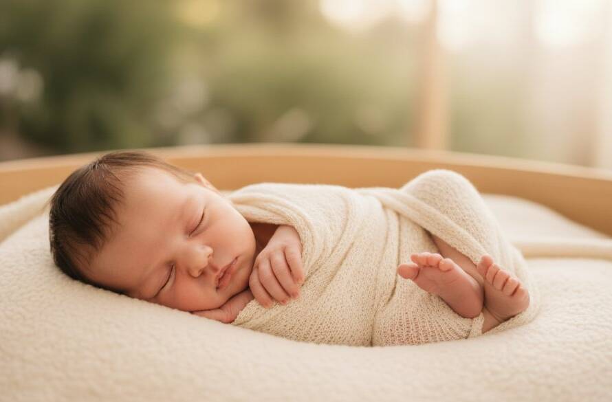 A heartwarming, professional photograph of a newborn baby gently swaddled, sleeping peacefully in a soft, natural setting, with warm, golden light illuminating their delicate features, capturing a truly cherished newborn photography Caroline Springs Victoria moment.