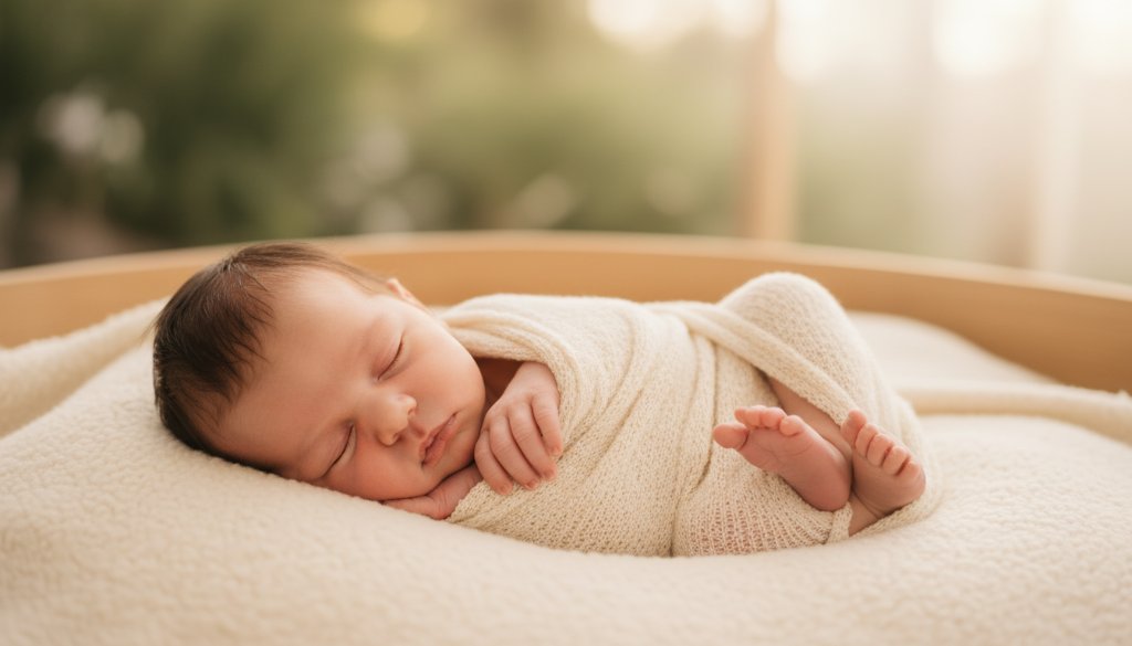 A heartwarming, professional photograph of a newborn baby gently swaddled, sleeping peacefully in a soft, natural setting, with warm, golden light illuminating their delicate features, capturing a truly cherished newborn photography Caroline Springs Victoria moment.