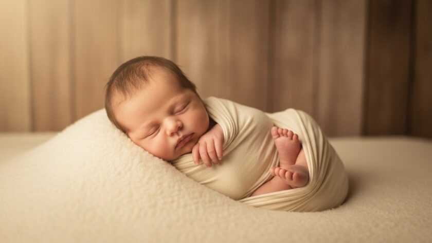 An ethereal, close-up portrait showcasing cherished newborn photography Colac, with a sleeping baby wrapped in soft cream fabric, bathed in warm, gentle morning light filtering through a window in a rustic Colac home, highlighting delicate features.