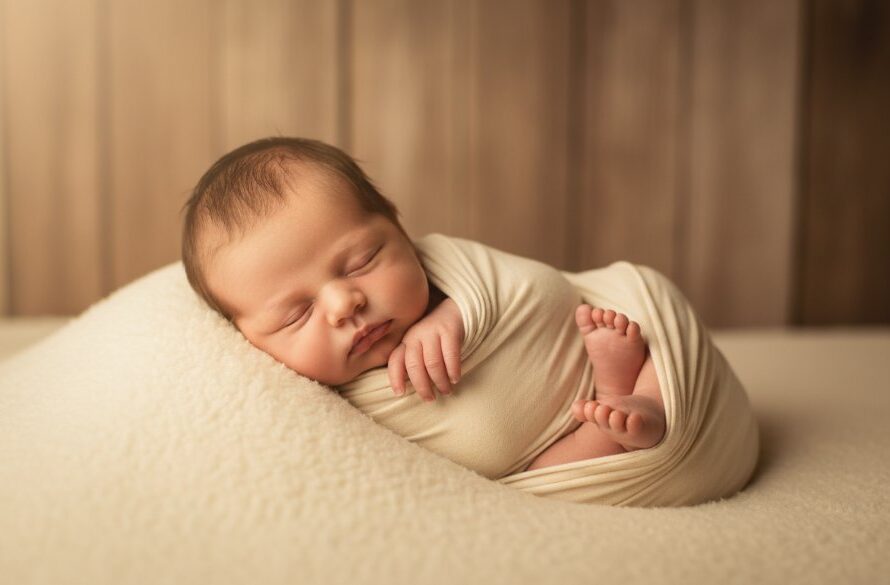 An ethereal, close-up portrait showcasing cherished newborn photography Colac, with a sleeping baby wrapped in soft cream fabric, bathed in warm, gentle morning light filtering through a window in a rustic Colac home, highlighting delicate features.