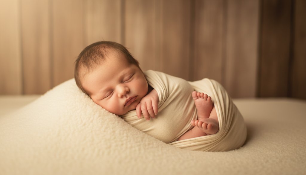 An ethereal, close-up portrait showcasing cherished newborn photography Colac, with a sleeping baby wrapped in soft cream fabric, bathed in warm, gentle morning light filtering through a window in a rustic Colac home, highlighting delicate features.