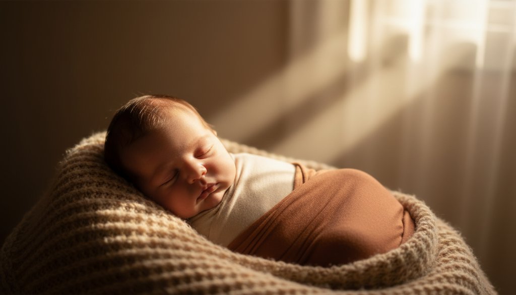 An ethereal close-up of a newborn baby's tiny hand gently grasping a parent's finger, bathed in soft, golden morning light filtering through a window in a Cranbourne West home, evoking the cherished newborn photography Cranbourne West families desire.