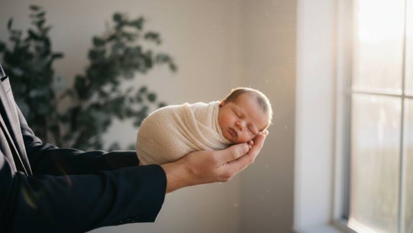 A tender, cinematic wide shot capturing cherished newborn photography Croydon families, featuring a sleeping baby peacefully swaddled in soft, earthy tones, cradled by a parent's hands, bathed in golden hour light filtering through eucalyptus trees in a serene Croydon backyard setting, conveying immense love and calm.