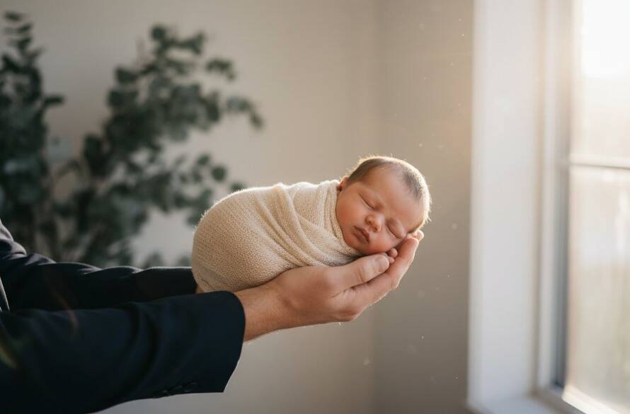 A tender, cinematic wide shot capturing cherished newborn photography Croydon families, featuring a sleeping baby peacefully swaddled in soft, earthy tones, cradled by a parent's hands, bathed in golden hour light filtering through eucalyptus trees in a serene Croydon backyard setting, conveying immense love and calm.
