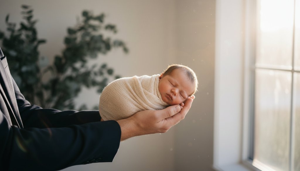 A tender, cinematic wide shot capturing cherished newborn photography Croydon families, featuring a sleeping baby peacefully swaddled in soft, earthy tones, cradled by a parent's hands, bathed in golden hour light filtering through eucalyptus trees in a serene Croydon backyard setting, conveying immense love and calm.