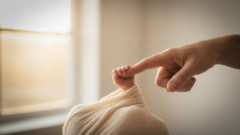 A serene and emotionally resonant photograph capturing a baby's tiny hand grasping a parent's finger, bathed in soft golden light, representing cherished newborn photography Glen Iris Victoria.