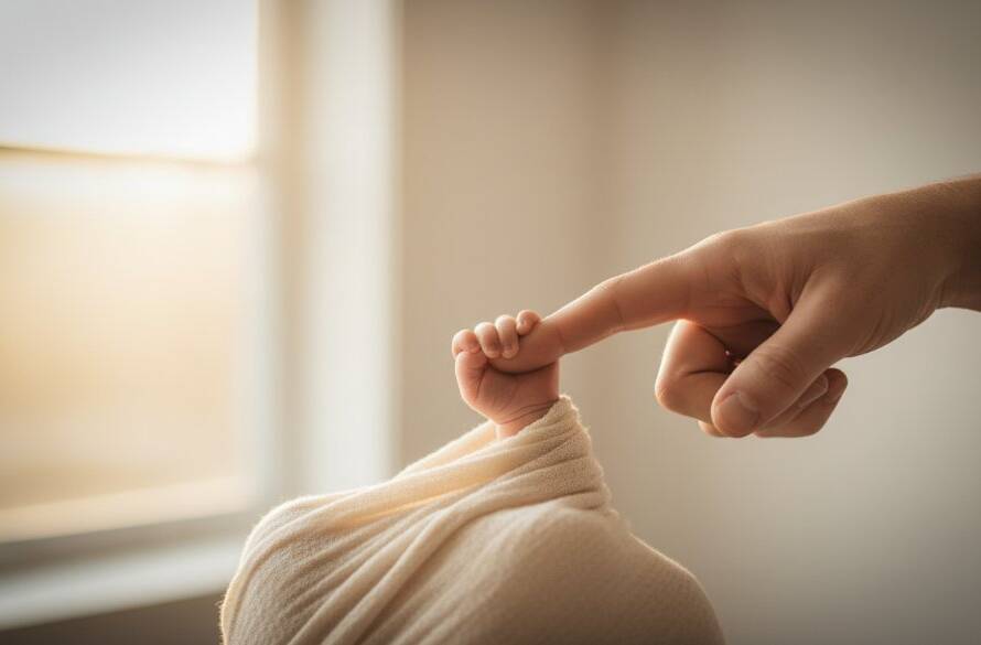 A serene and emotionally resonant photograph capturing a baby's tiny hand grasping a parent's finger, bathed in soft golden light, representing cherished newborn photography Glen Iris Victoria.