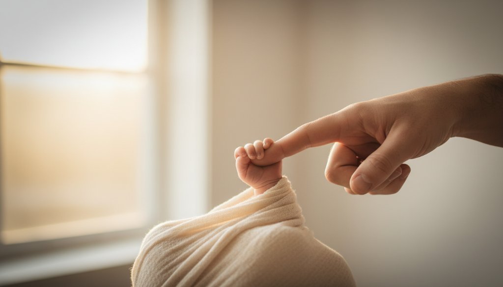 A serene and emotionally resonant photograph capturing a baby's tiny hand grasping a parent's finger, bathed in soft golden light, representing cherished newborn photography Glen Iris Victoria.