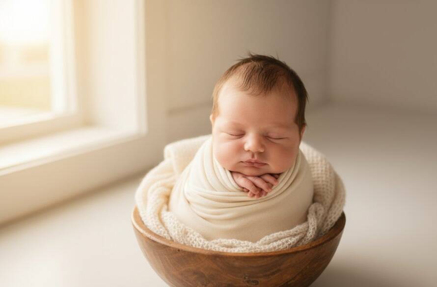 A serene, close-up portrait showcasing cherished newborn photography Noble Park North Victoria, with a sleeping baby swaddled in soft organic fabric, bathed in warm, ethereal window light, creating an epic and tender moment.