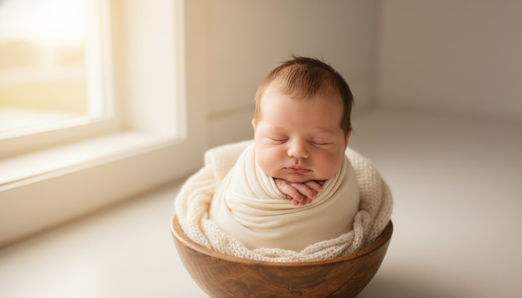 A serene, close-up portrait showcasing cherished newborn photography Noble Park North Victoria, with a sleeping baby swaddled in soft organic fabric, bathed in warm, ethereal window light, creating an epic and tender moment.